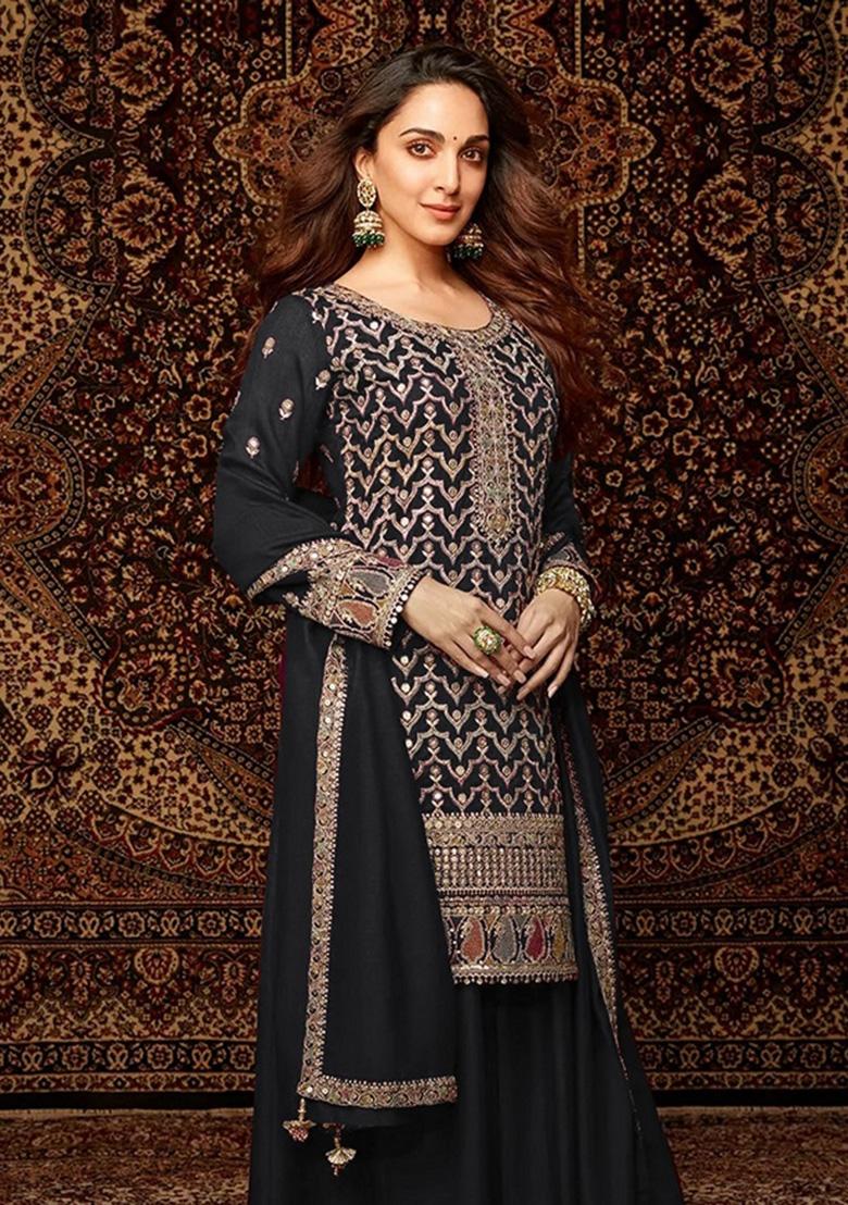 Black Embroidered Chinon Palazzo Set With Dupatta