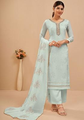 Blue Embroidered Georgette Palazzo Set With Dupatta