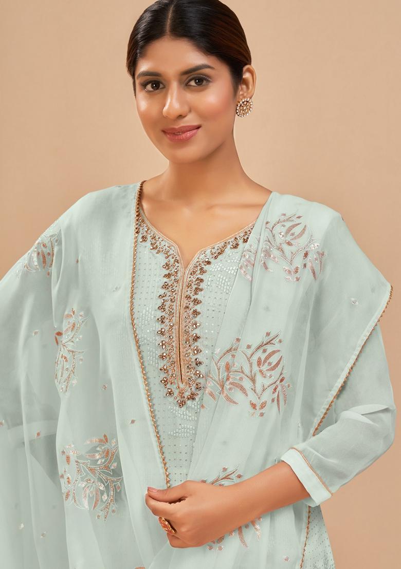 Blue Embroidered Georgette Palazzo Set With Dupatta