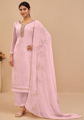 Pink Embroidered Georgette Palazzo Set With Dupatta