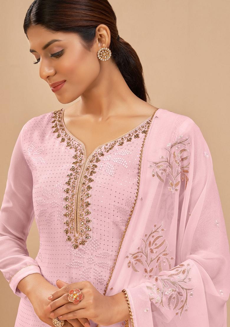 Pink Embroidered Georgette Palazzo Set With Dupatta