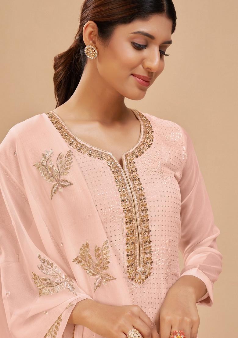 Peach Embroidered Georgette Palazzo Set With Dupatta