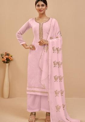 Pink Embroidered Georgette Palazzo Set With Dupatta