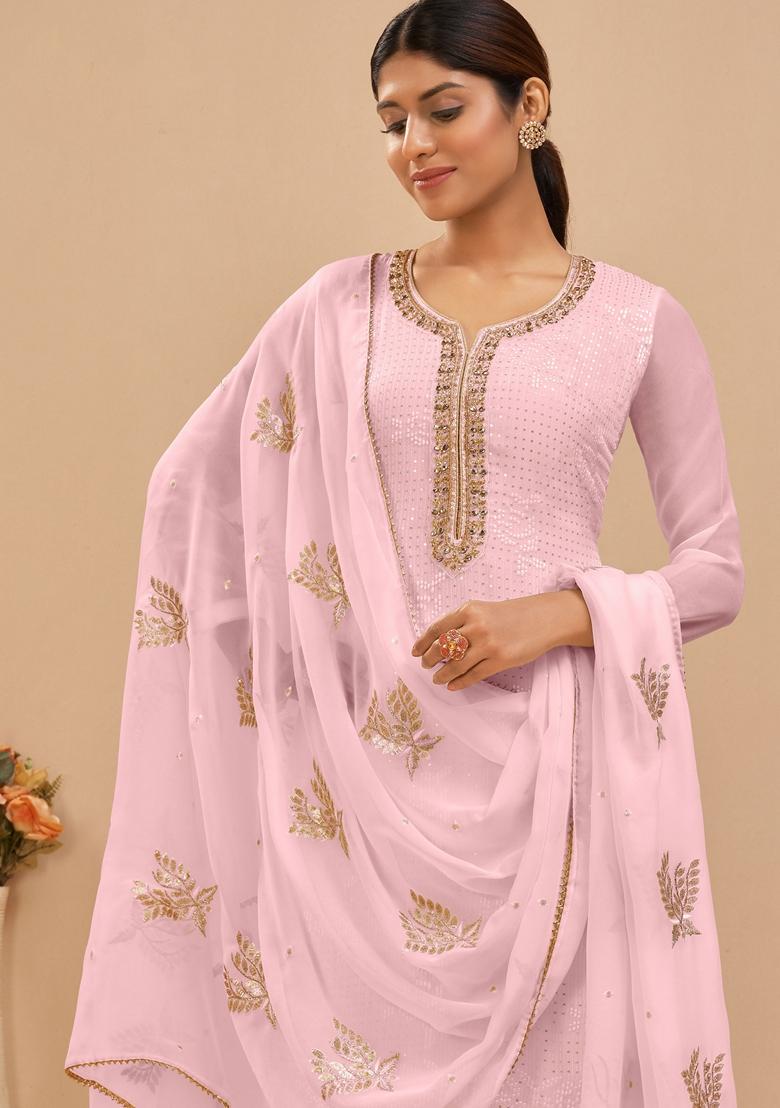 Pink Embroidered Georgette Palazzo Set With Dupatta