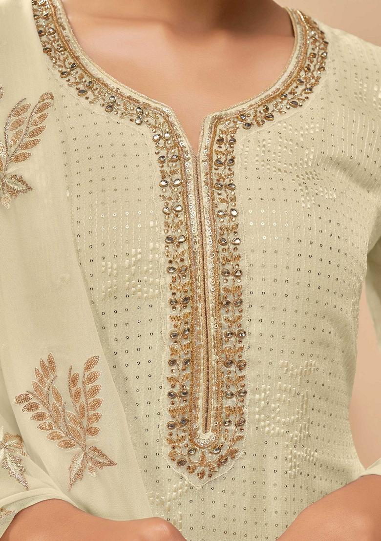 Yellow Embroidered Georgette Palazzo Set With Dupatta