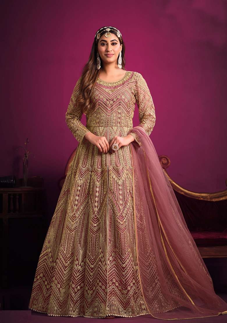 Rose Gold Embroidered Net Anarkali Set - Indya
