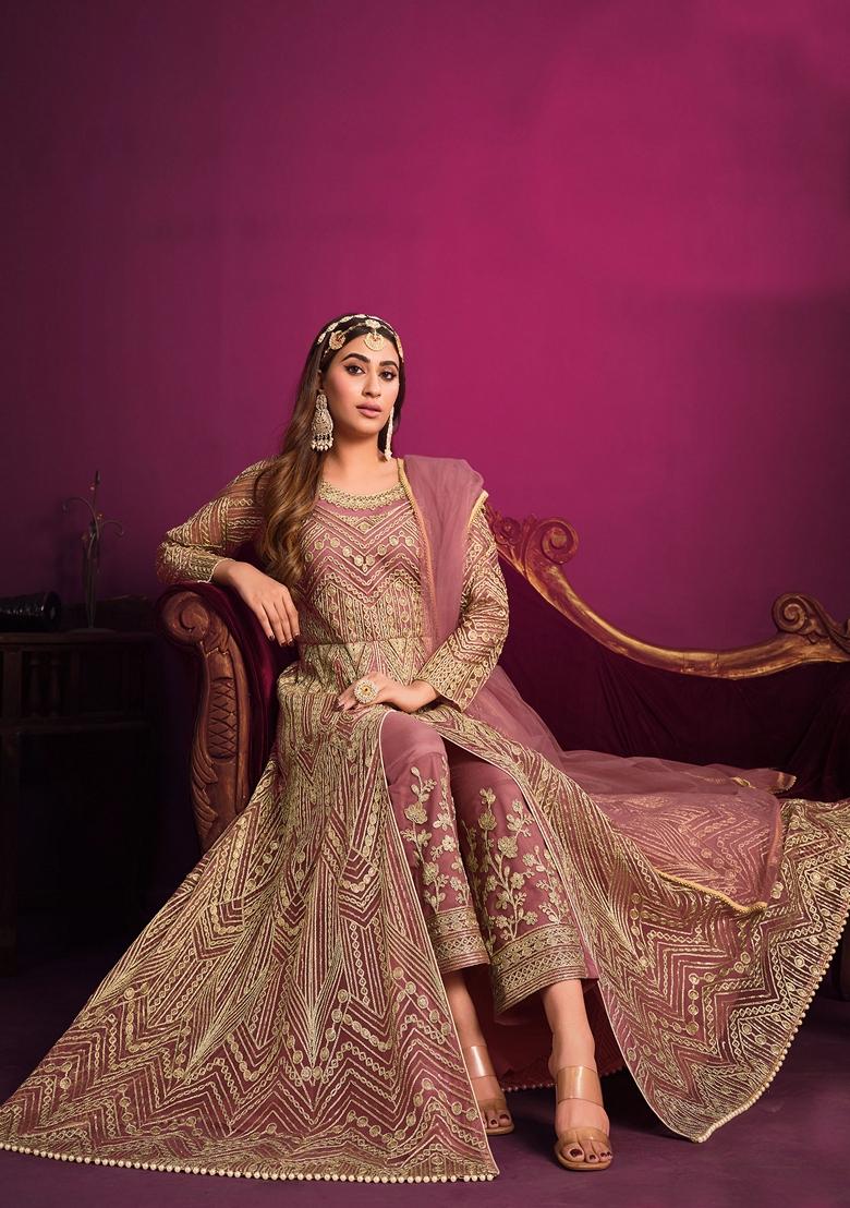 Rose Gold Embroidered Net Anarkali Set With Dupatta