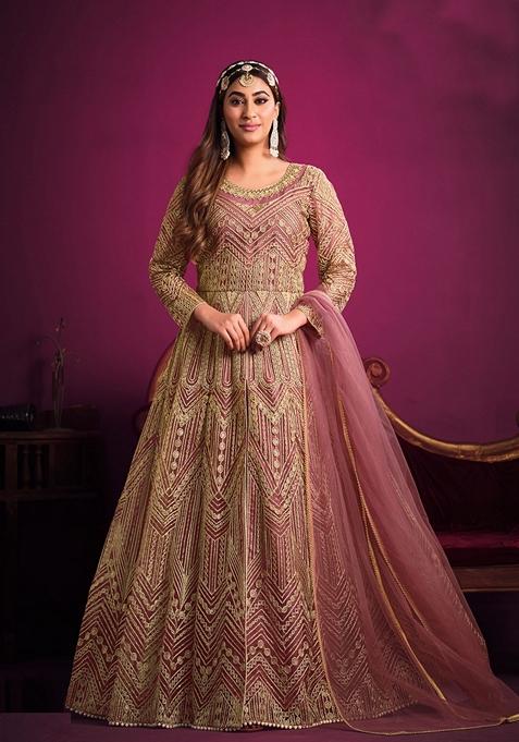 Rose Gold Embroidered Net Anarkali Set With Dupatta