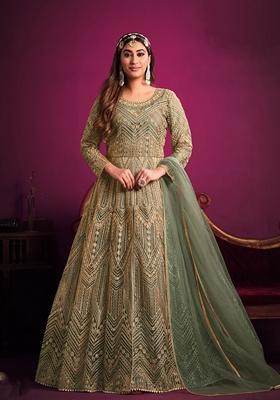 Green Embroidered Net Anarkali Set With Dupatta