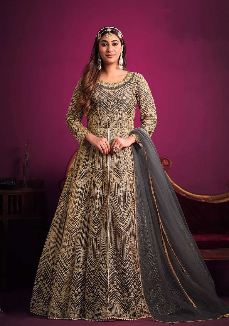 Grey Embroidered Net Anarkali Set - Indya