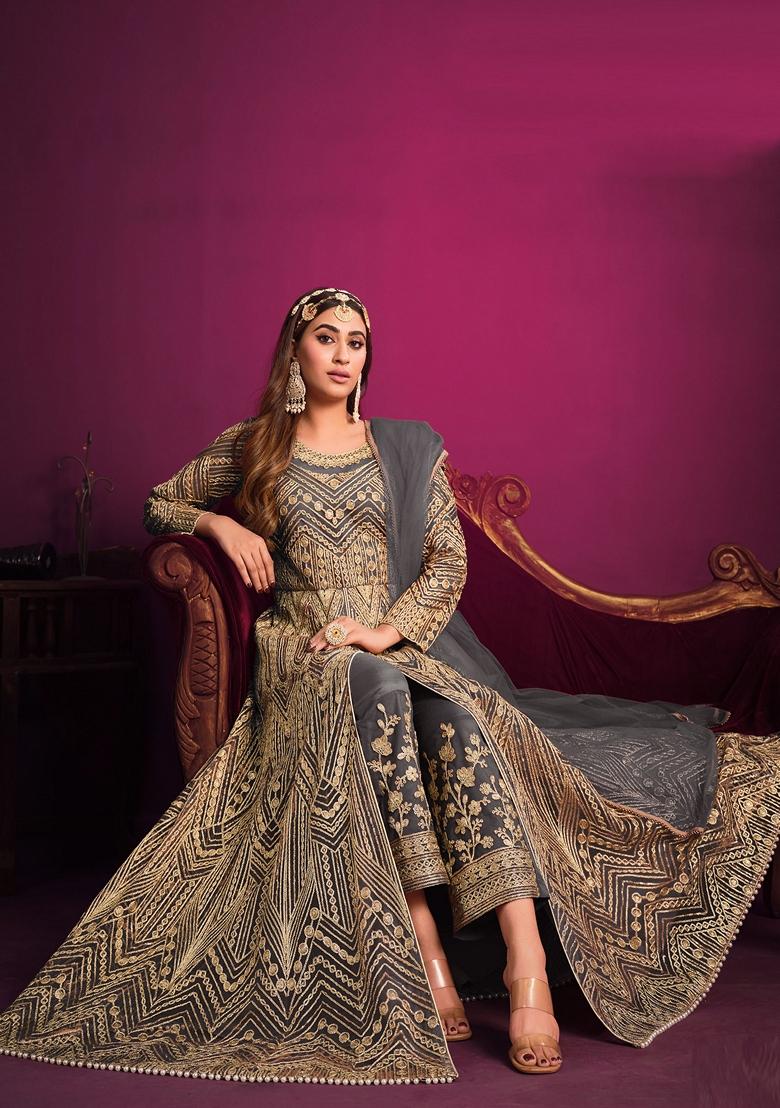 Grey Embroidered Net Anarkali Set With Dupatta