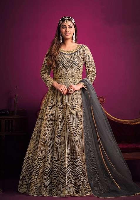 Grey Embroidered Net Anarkali Set