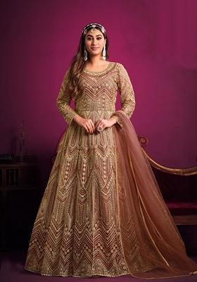 Mauve Embroidered Net Anarkali With Dupatta With Dupatta