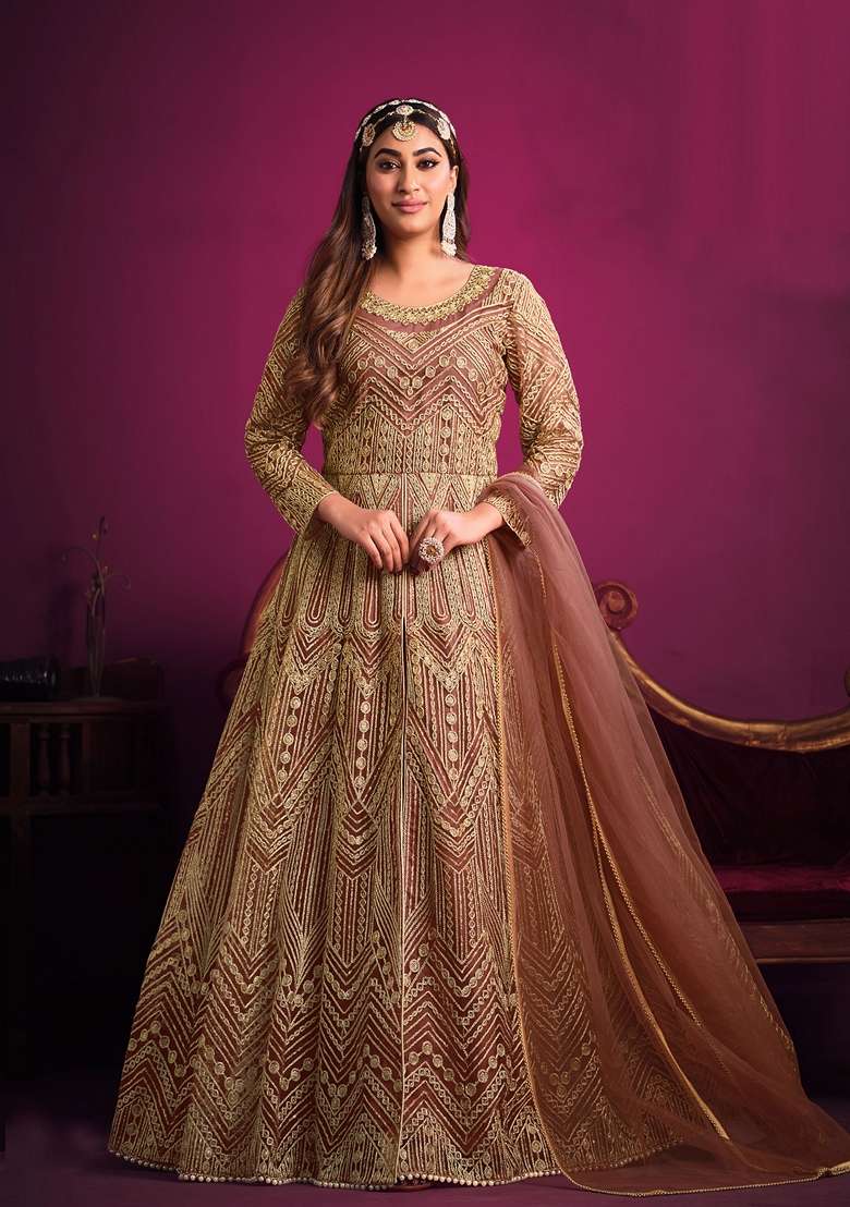 Mauve Embroidered Net Anarkali Set - Indya
