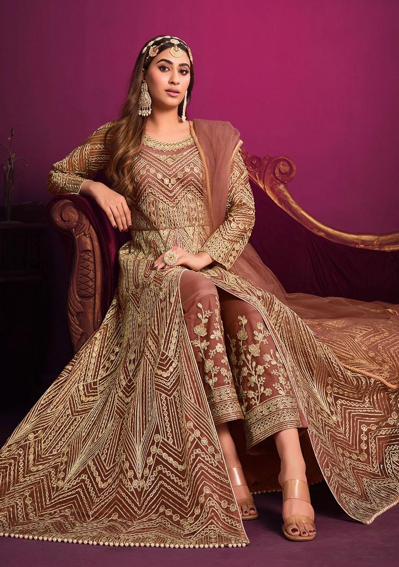 Mauve Embroidered Net Anarkali Set With Dupatta