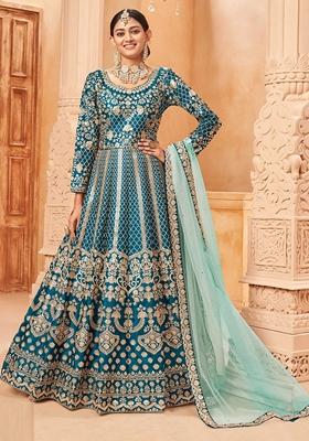 Teal Blue Embroidered Art Silk Anarkali Set With Dupatta