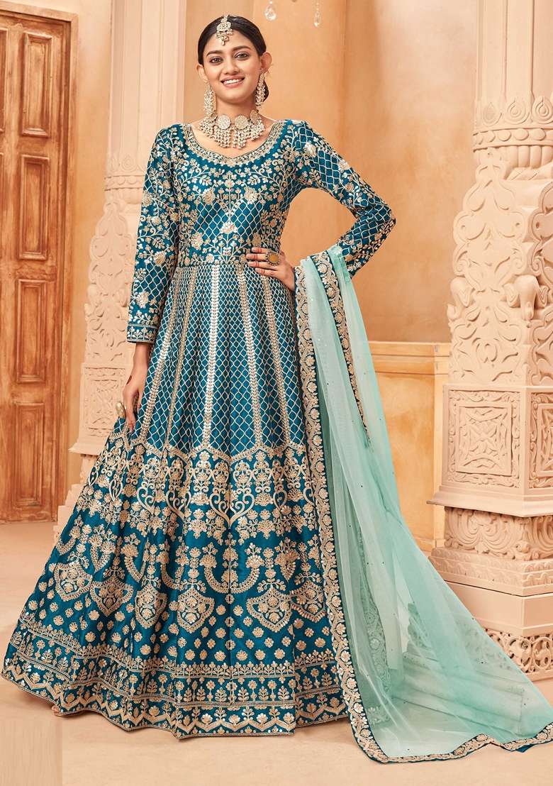 Teal Blue Embroidered Silk Blend Anarkali Set - Indya