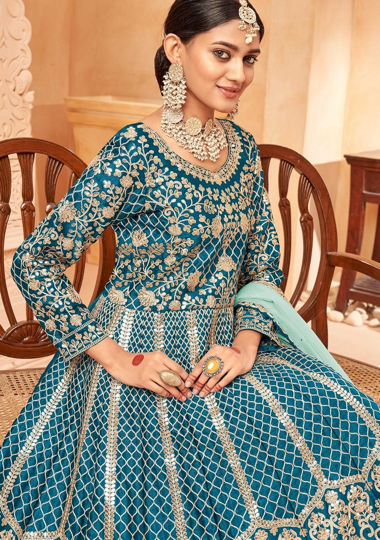 Teal Blue Embroidered Art Silk Anarkali Set With Dupatta