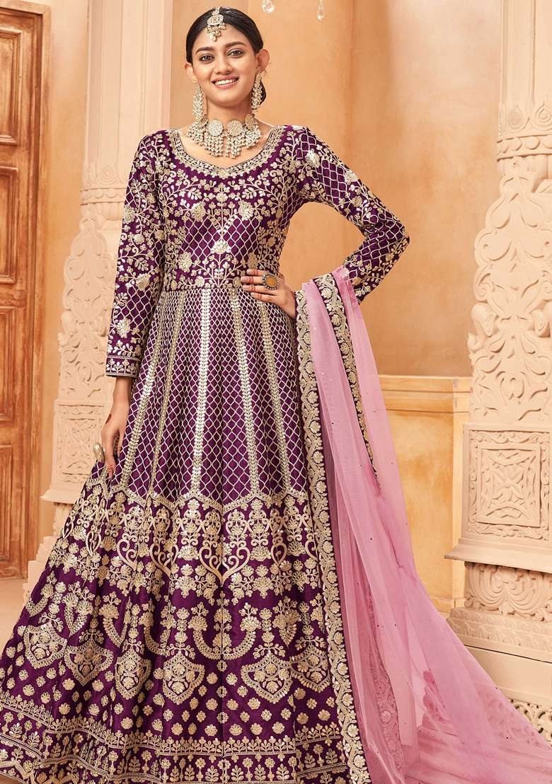 Purple Embroidered Art Silk Blend Anarkali With Dupatta With Dupatta - Indya