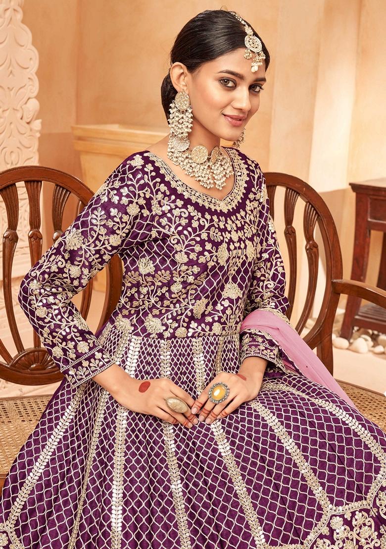 Purple Embroidered Art Silk Anarkali Set With Dupatta