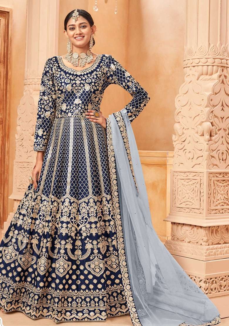 Blue Embroidered Silk Blend Anarkali Set - Indya