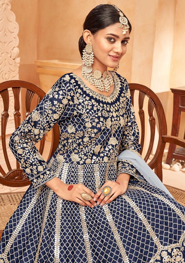 Blue Embroidered Art Silk Anarkali Set With Dupatta