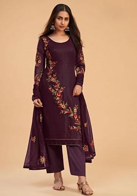 Wine Embroidered Georgette Straight Kurta Set