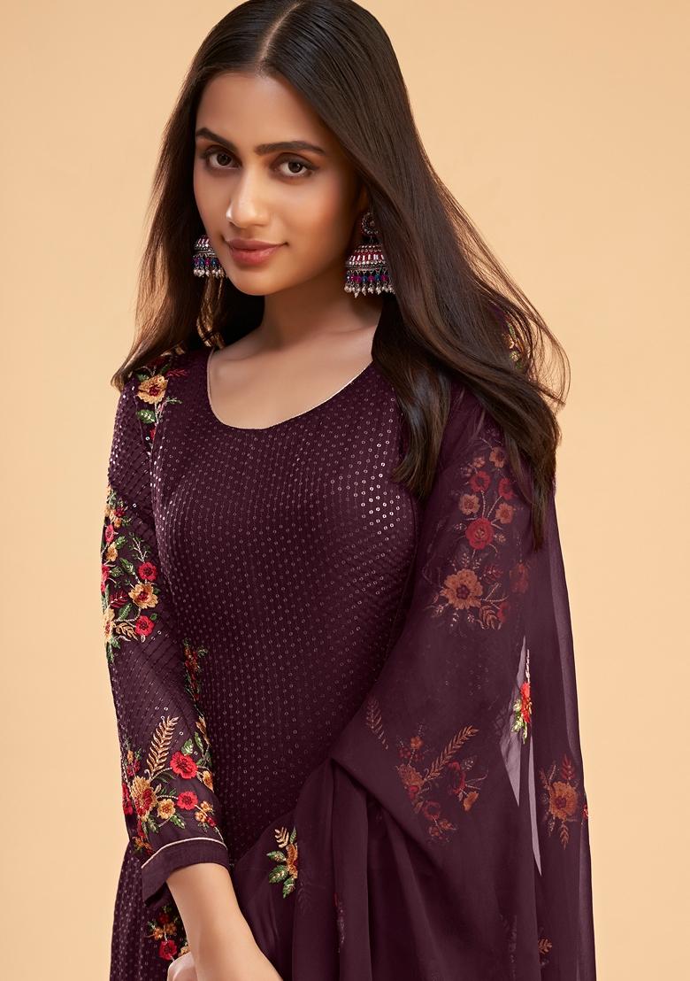Wine Embroidered Georgette Salwar Kameez