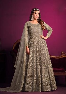 Grey Embroidered Net Anarkali Set With Dupatta