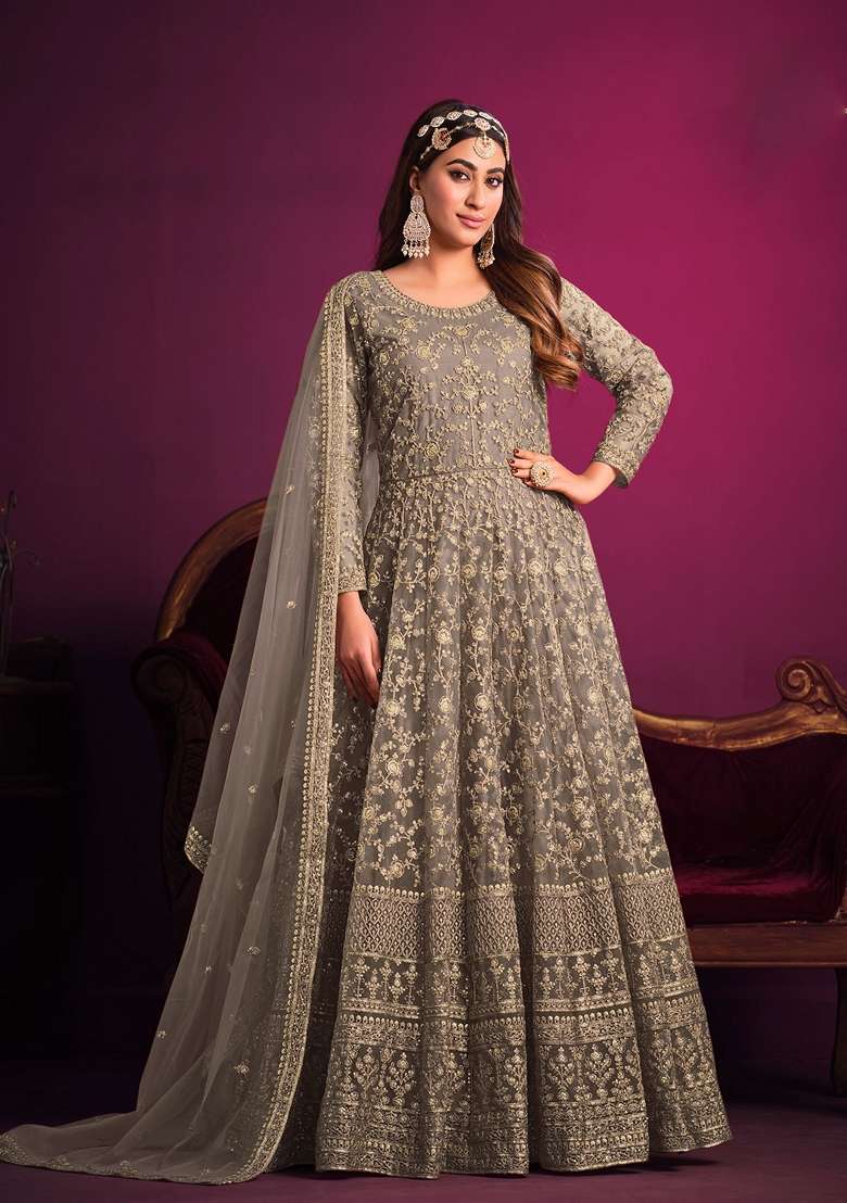 Grey Embroidered Net Anarkali With Dupatta With Dupatta - Indya