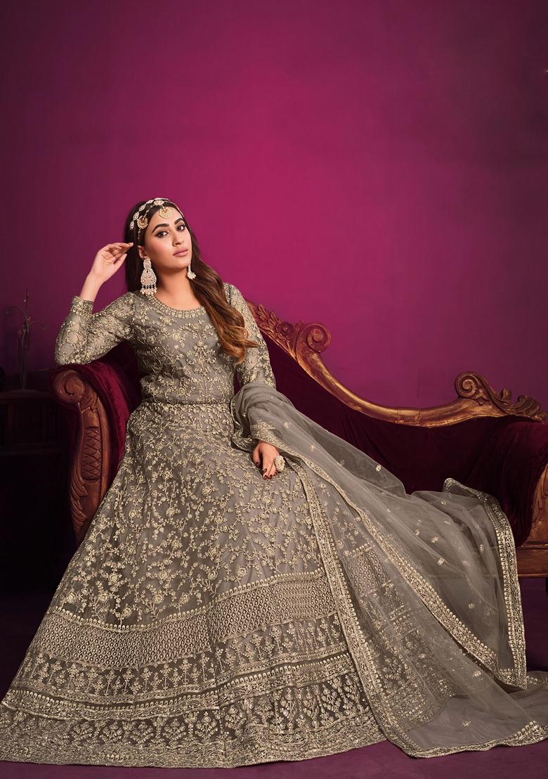 Grey Embroidered Net Anarkali Set With Dupatta