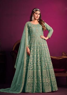 Sea Green Embroidered Net Anarkali Set With Dupatta