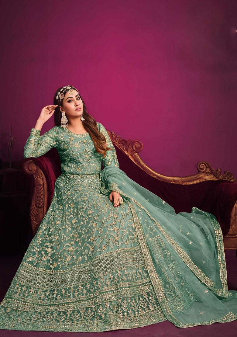 Sea Green Embroidered Net Anarkali Set With Dupatta