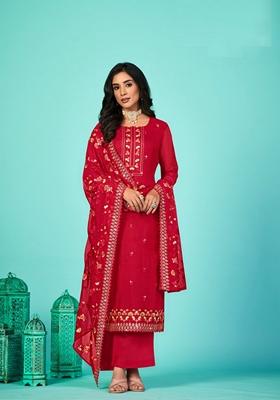 Red Embroidered Organza Palazzo Set With Dupatta