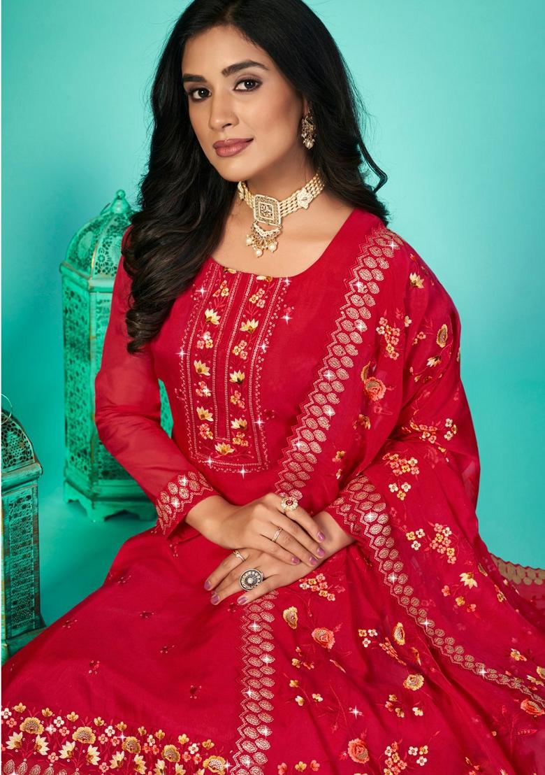 Red Embroidered Organza Palazzo Set With Dupatta