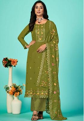 Olive Green Embroidered Organza Palazzo Set With Dupatta