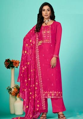 Pink Embroidered Organza Palazzo Set With Dupatta