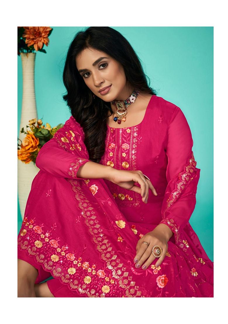 Pink Embroidered Organza Palazzo Set With Dupatta