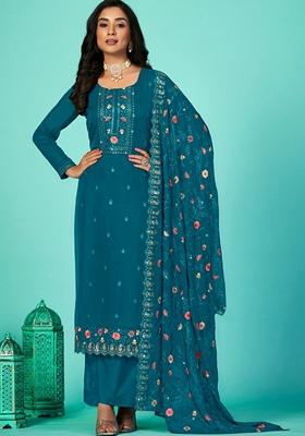 Teal Blue Embroidered Organza Palazzo Set With Dupatta