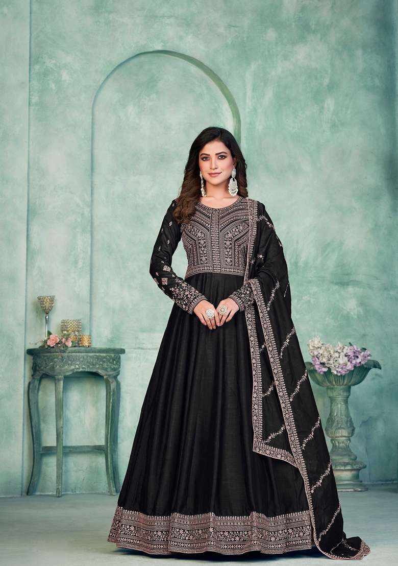 Black Embroidered Silk Blend Anarkali Set - Indya
