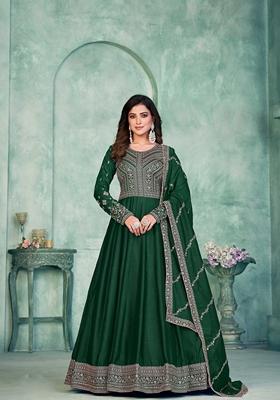 Green Embroidered Art Silk Anarkali Set With Dupatta