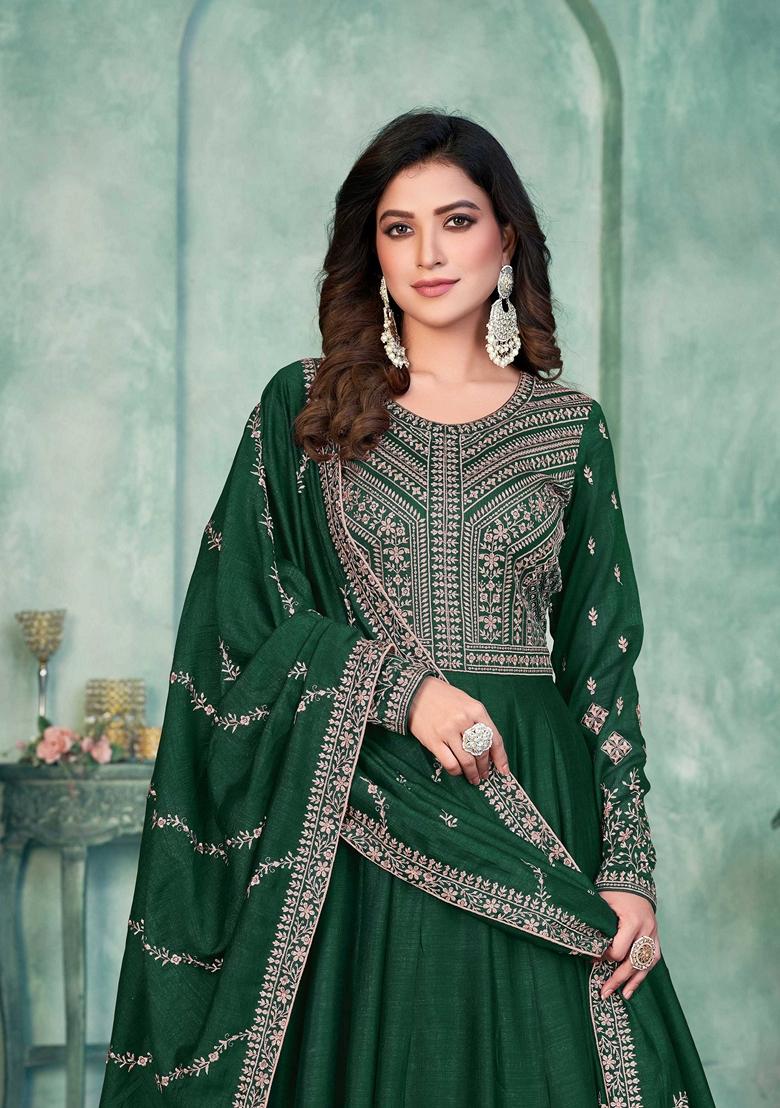 Green Embroidered Art Silk Anarkali Set With Dupatta