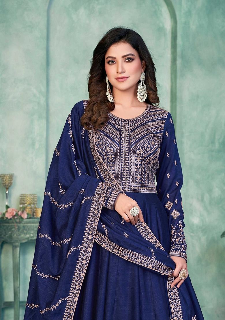 Blue Embroidered Art Silk Anarkali Set With Dupatta