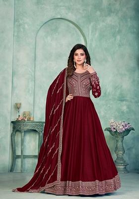 Maroon Embroidered Art Silk Anarkali Set With Dupatta
