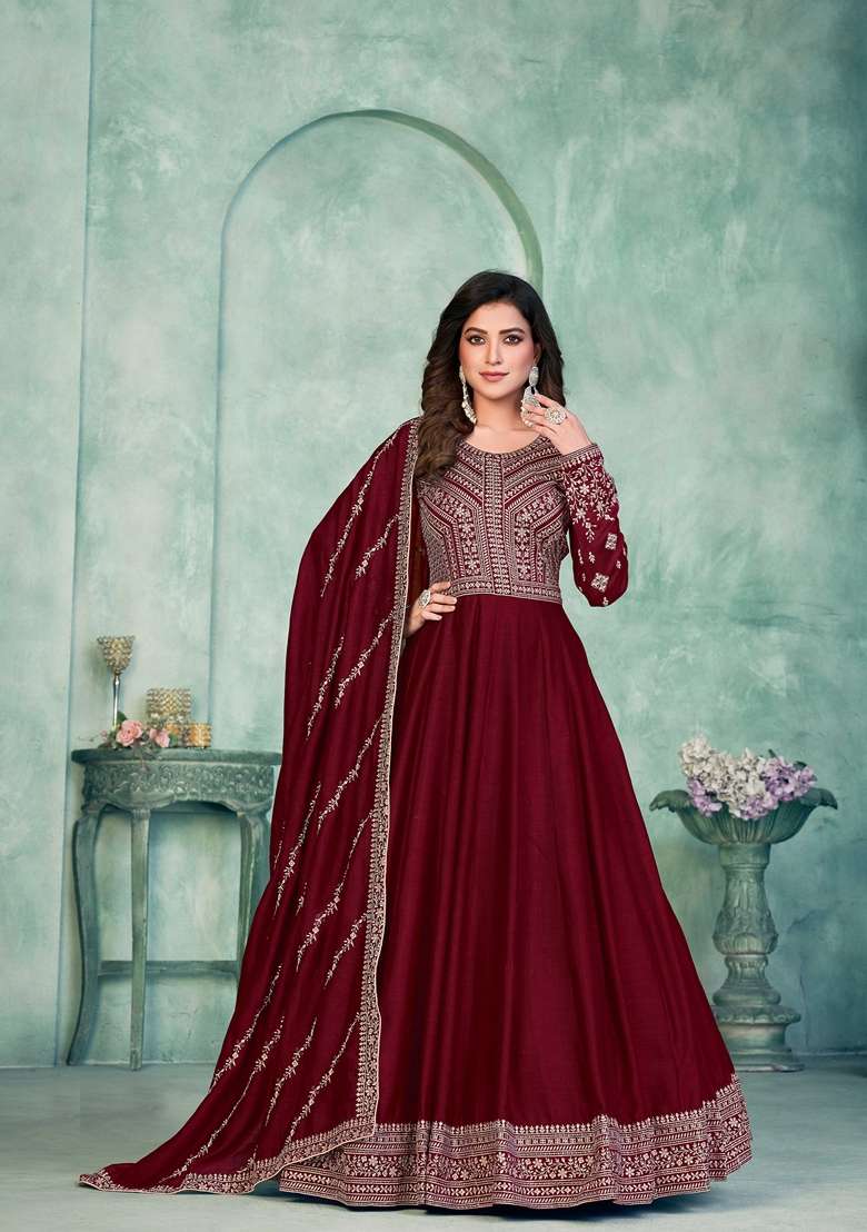 Maroon Embroidered Art Silk Blend Anarkali With Dupatta With Dupatta - Indya