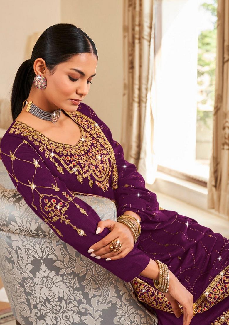 Purple Embroidered Art Silk Salwar Kameez