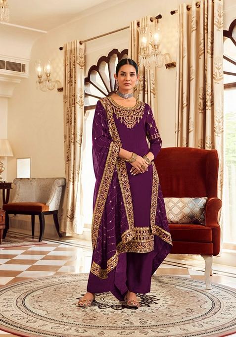 Purple Embroidered Silk Punjabi Suit — view on Indya