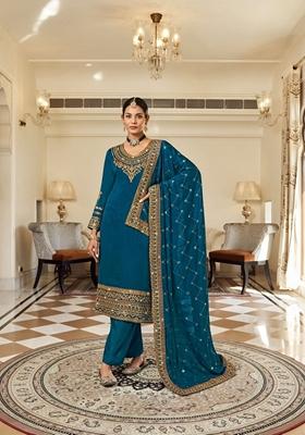 Teal Blue Embroidered Art Silk Salwar Kameez