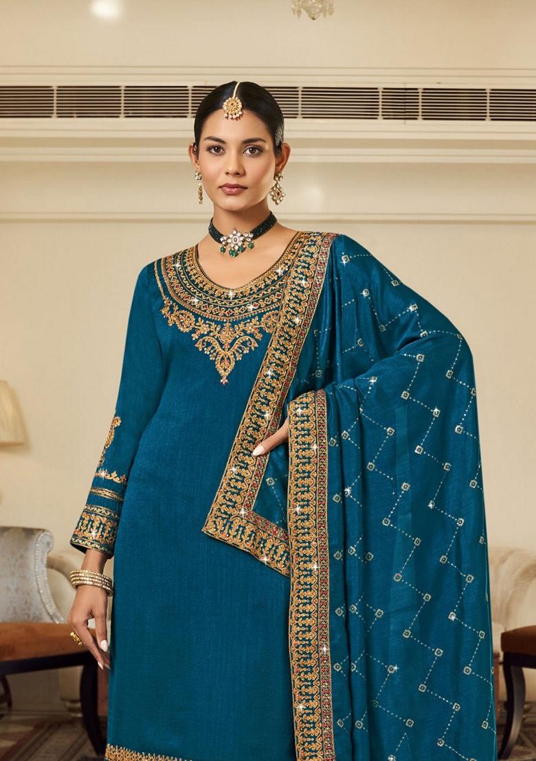 Teal Blue Embroidered Art Silk Salwar Kameez