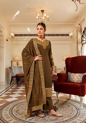 Brown Embroidered Silk Blend Straight Kurta Set